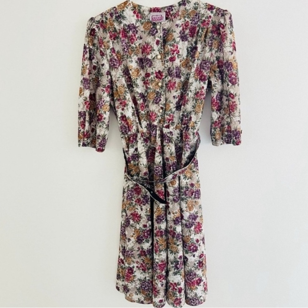 Vintage 80s California Looks Floral Long Sleeve Belted Mini Dress 14P